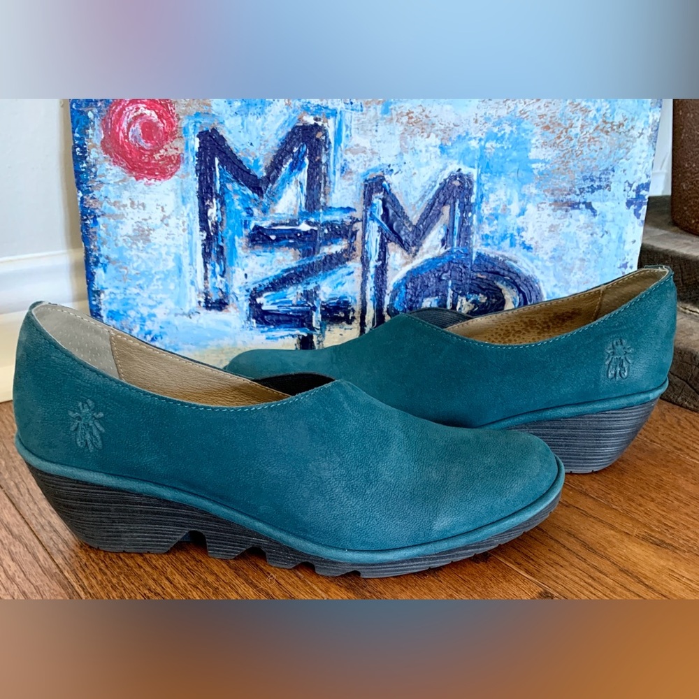 Fly London Deep Teal Blue Suede Wedge Slip On Shoes Sz 37